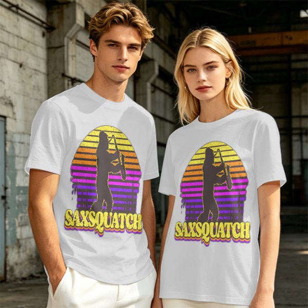 Saxsquatch Bigfoot Playing Saxophone Retro Sunset T-Shirt