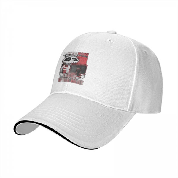 Black baseball cap with a tired raccoon office worker graphic