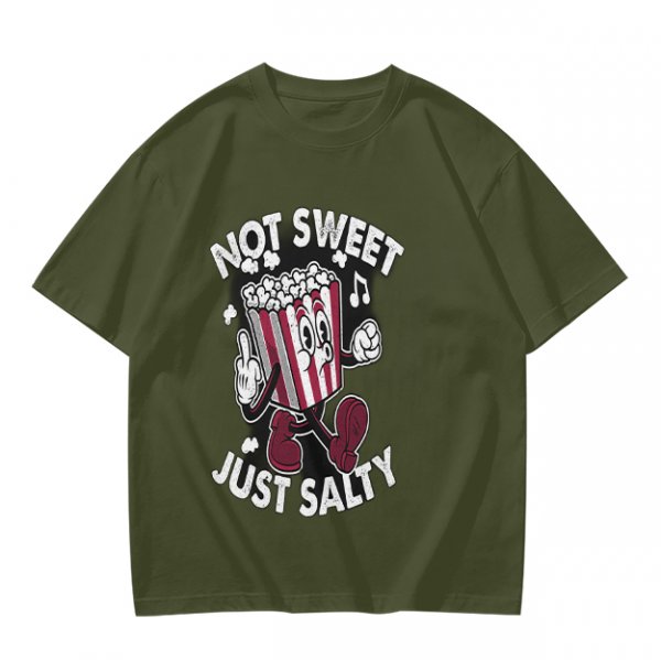 Olive T-Shirt with 'Not Sweet Just Salty' Cartoon Popcorn Print