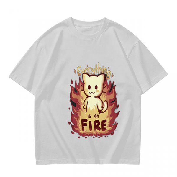 Olive Graphic T-Shirt With Everything Is On Fire Cat Design