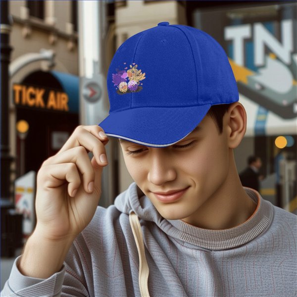 Black baseball cap with cute fantasy bird family illustration