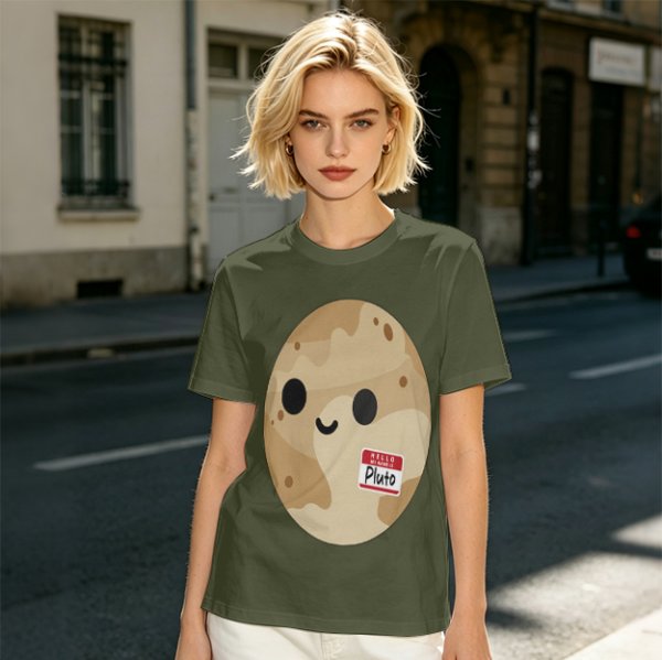 Olive T-Shirt With Cute Pluto Potato Character Graphic