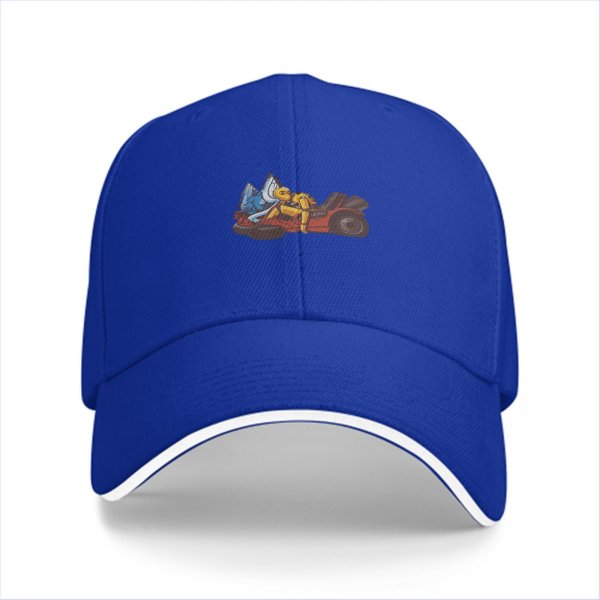 Black Baseball Cap With Cartoon Characters Driving Go-Kart Graphic