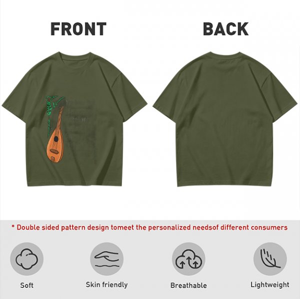 Olive Green T-Shirt with Lute and Botanical Graphic Print