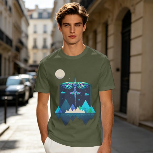 Olive T-Shirt With Geometric Dragonfly Mountain Night Scene Print