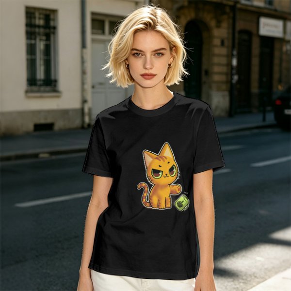 Olive T-shirt with mischievous orange cat knocking over green cup print