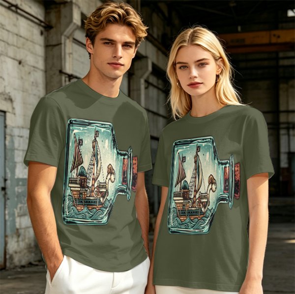 Olive T-Shirt With Pirate Ship In Glass Jar Artwork