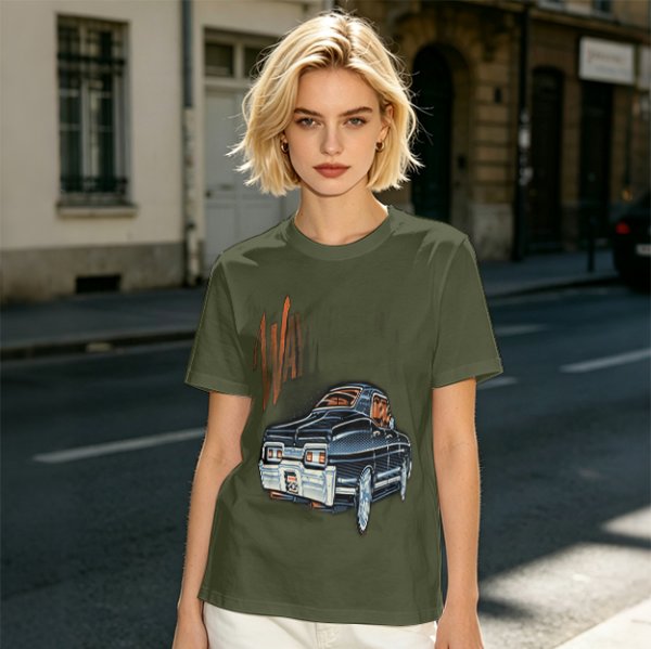 Olive Green Graphic T-Shirt with Classic Dark Car and Orange Text Print