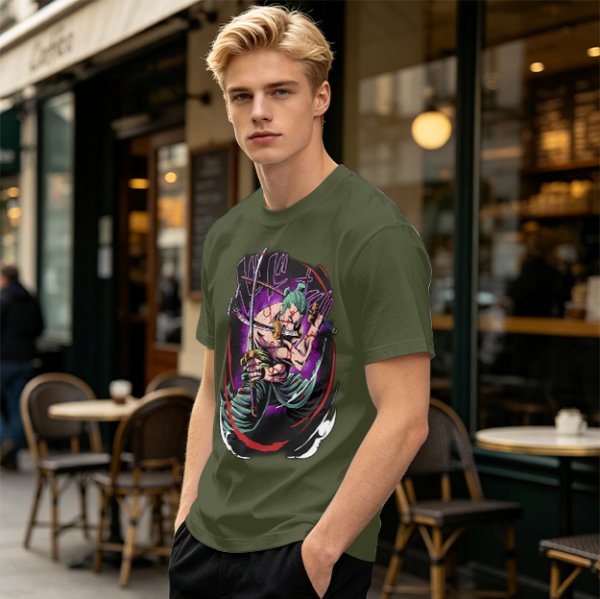 Olive T-shirt with One Piece Roronoa Zoro Three Sword Style Print
