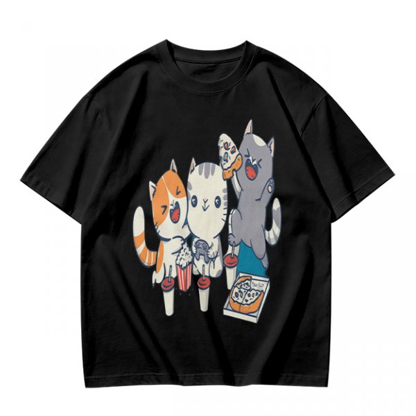 Olive T-Shirt With Cute Cats Enjoying Pizza And Snacks Print