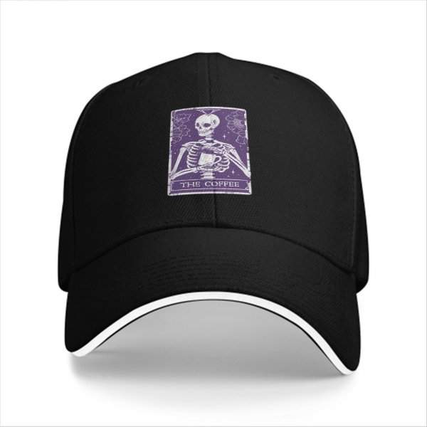 Black baseball cap with 'The Coffee' skeleton tarot-style graphic
