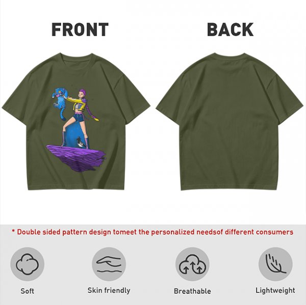Olive T-shirt with Art Print of Girl Holding Blue Creature on Floating Rock