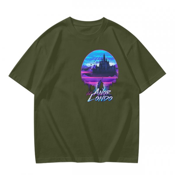 Olive T-shirt with Anor Londo Synthwave Castle Print