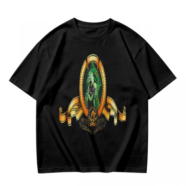 Olive Green T-Shirt With Ornate Golden Frame And Green Wolf Head Print
