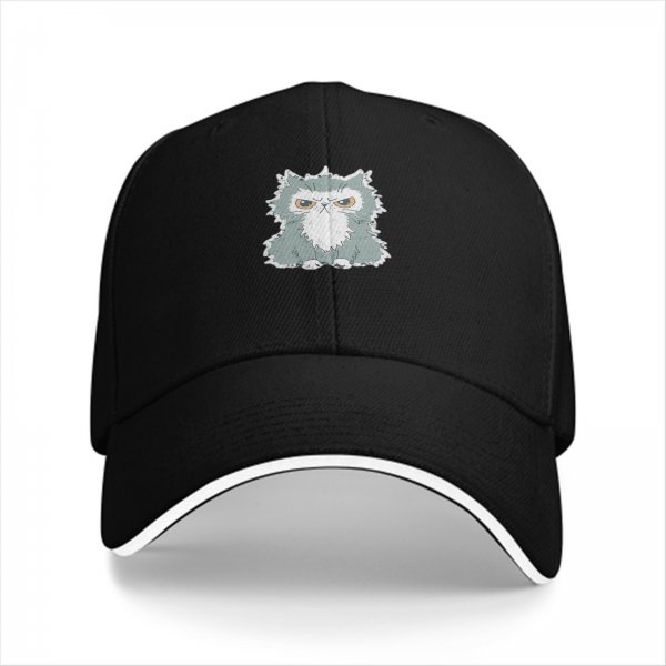 Black Baseball Cap With Grumpy Fluffy Grey Cat Graphic
