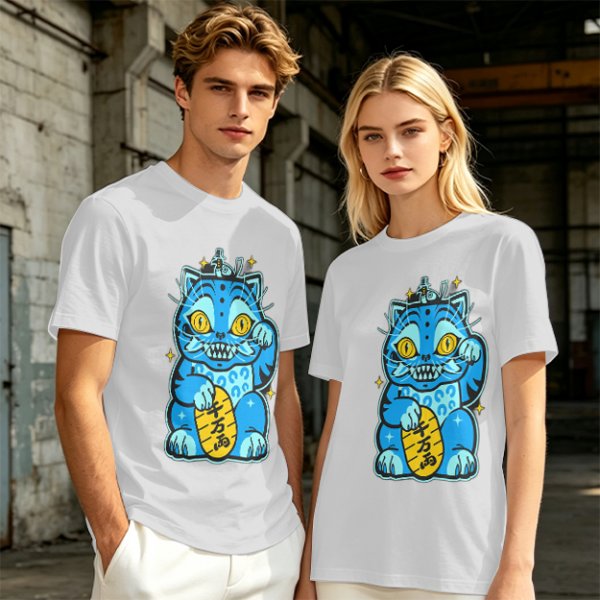 Olive T-Shirt With Blue Maneki-Neko Monster Graphic Print