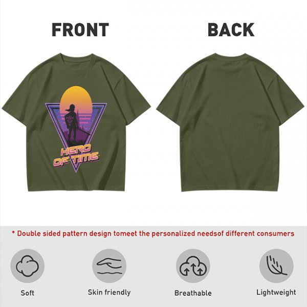 Olive green retro sunset graphic t-shirt with Hero of Time print