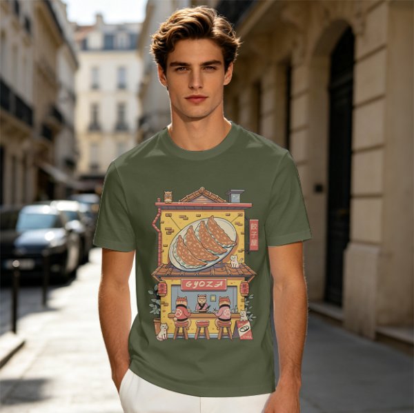 Olive T-Shirt With Cat Gyoza Restaurant Illustration