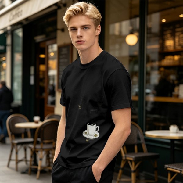 Olive Green T-Shirt with Steaming Coffee Cup Print