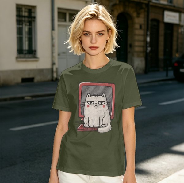 Olive T-shirt with Grumpy Cat on Retro Computer Print