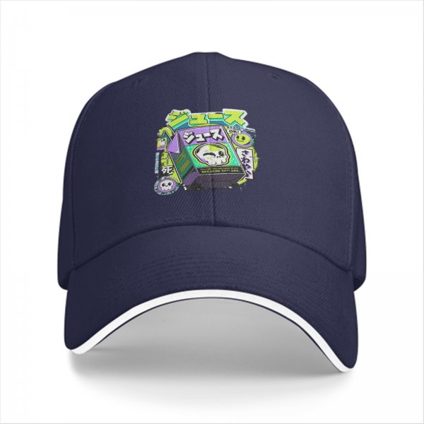 Black baseball cap with neon skull juice box graphic