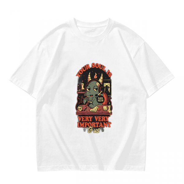 Olive t-shirt with devil call center graphic and 'Your Soul Is Very Important To Us' text