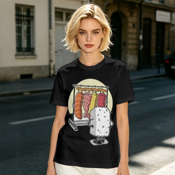 Olive T-Shirt With Funny Sushi Laundry Rack Graphic