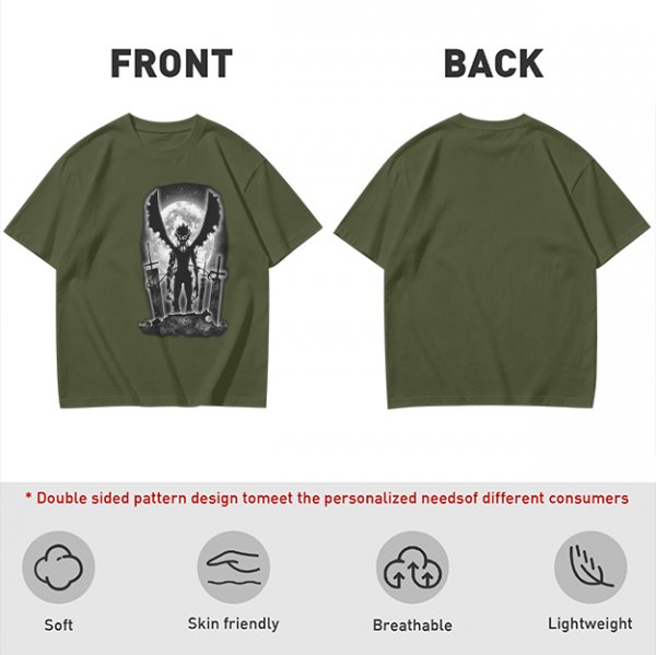 Olive t-shirt with dark anime winged warrior under full moon print