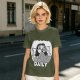 Olive green graphic t-shirt with bedridden cartoon girl and 'DAILY' text