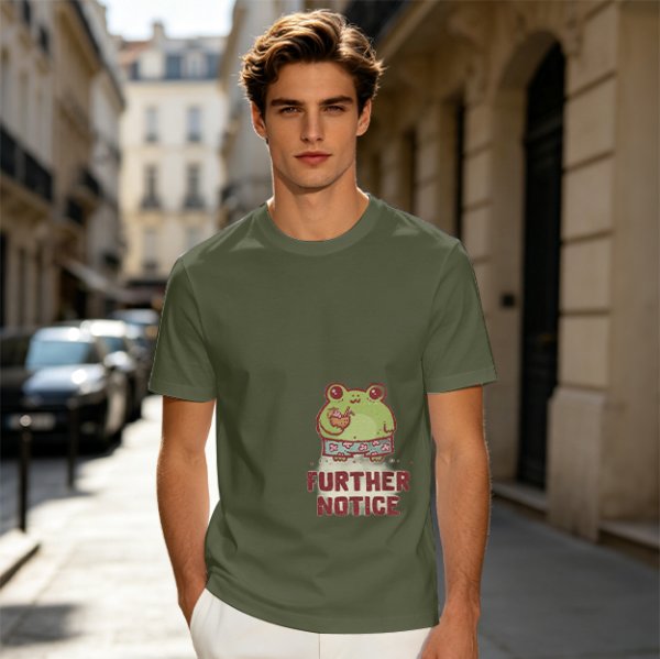Olive T-Shirt with Cute Frog Graphic and Further Notice Text