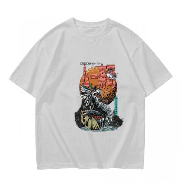 Olive T-Shirt with Japanese Dragon and Sun Graphic Print