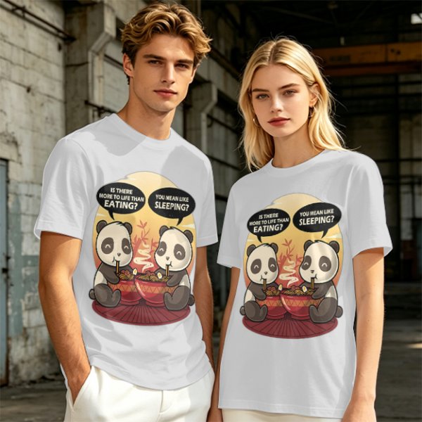Olive t-shirt with pandas debating life beyond eating and sleeping