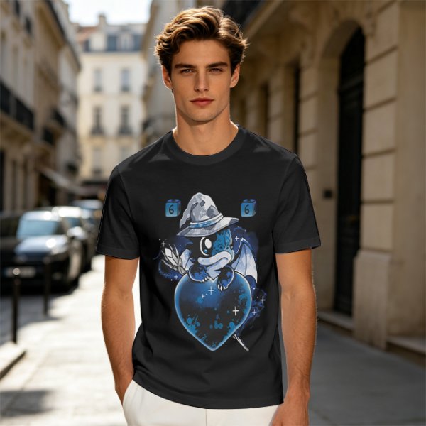 Olive T-Shirt With Cute Wizard Dragon On Starry Heart Print