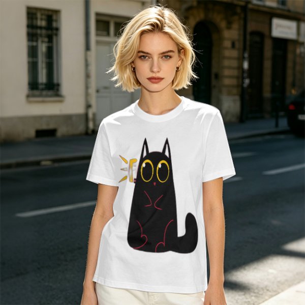 Olive Green T-Shirt With Surprised Black Cat Graphic Print