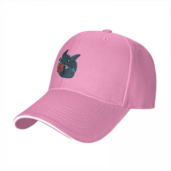 Black baseball cap featuring a cute dragon reading a red book