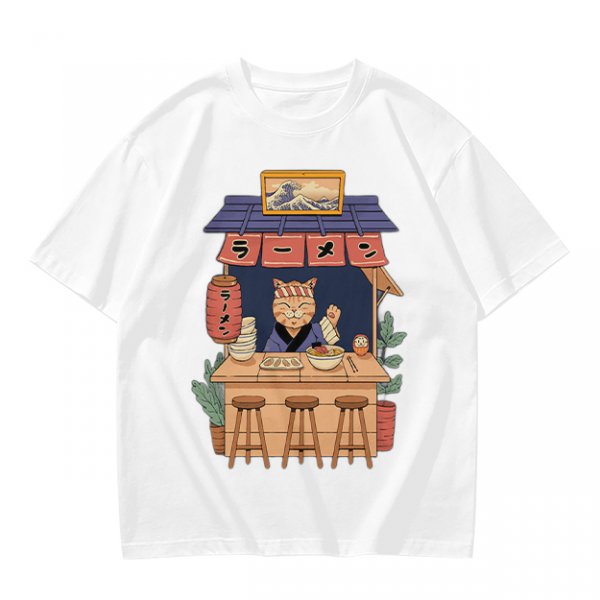 Olive T-Shirt with Cat Ramen Shop Artwork