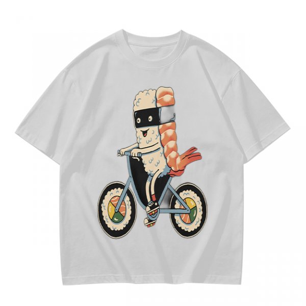 Olive T-Shirt With Sushi Ninja Riding Bicycle Print