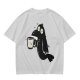 Olive Green T-Shirt With Cartoon Crow Holding Coffee Mug Print