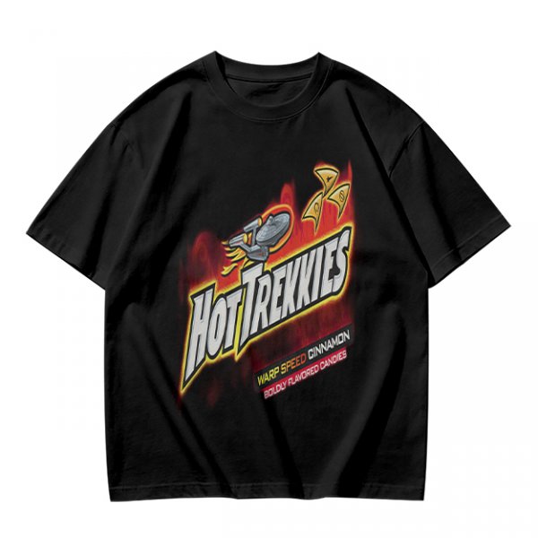 Olive green graphic t-shirt with Hot Trekkies Star Trek themed print