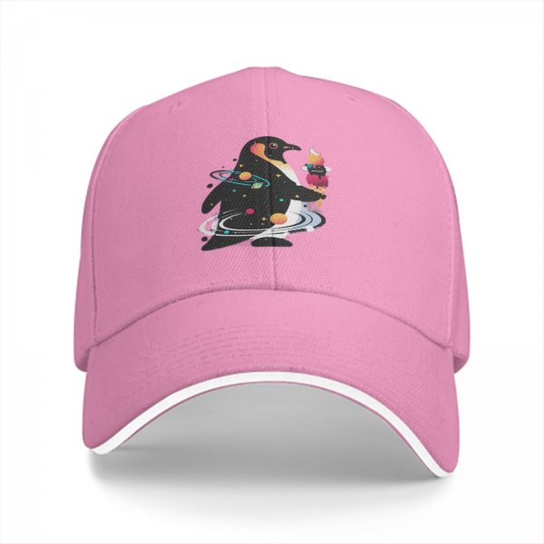 Black Baseball Cap With Cosmic Penguin Holding Ice Cream Print