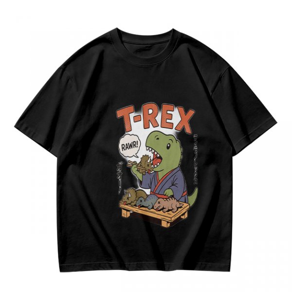 Olive T-shirt with cartoon T-Rex holding small dinosaurs and RAWR text