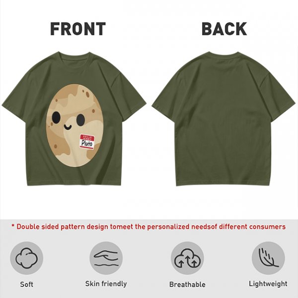 Olive T-Shirt With Cute Pluto Potato Character Graphic