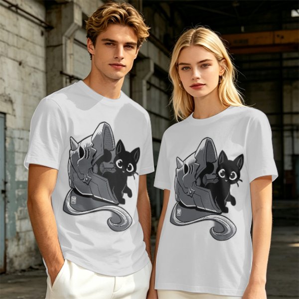 Olive Green T-Shirt With Black Cat Peeking From Knight Helmet Art