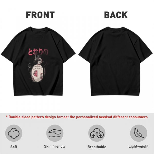 Olive T-shirt with horror stylized Totoro graphic and Japanese text
