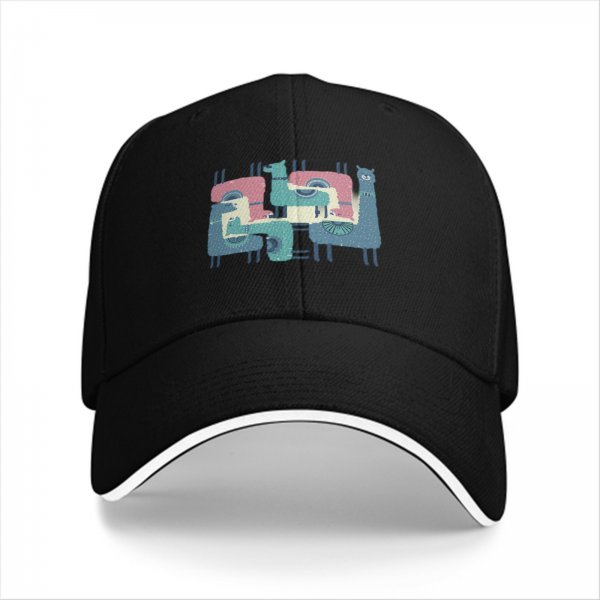Black Baseball Cap With Interlocking Llama Graphic Print