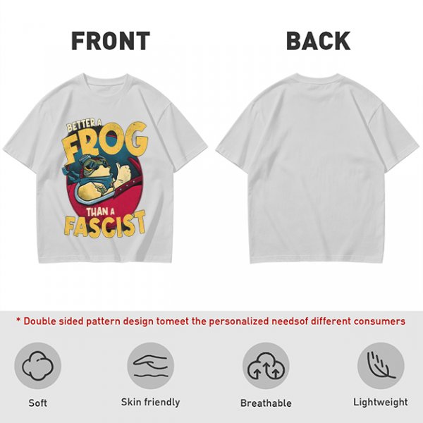 Olive graphic t-shirt with 'Better a Frog Than a Fascist' pilot frog design