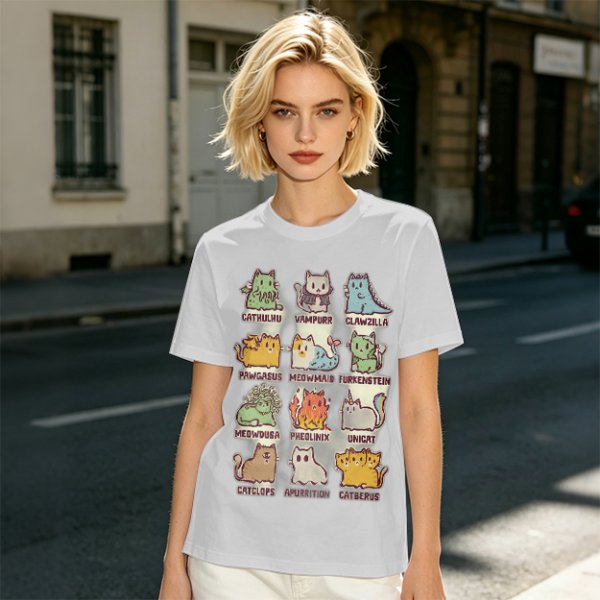 Olive green t-shirt with cute mythical monster cat graphic prints
