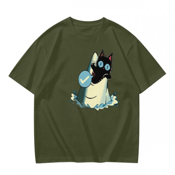 Olive T-Shirt With Black Cat Emerging From Wave Check Mark Print