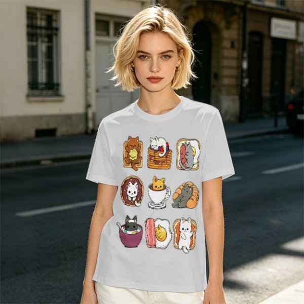 Olive T-Shirt With Cute Breakfast Cat Graphic Print