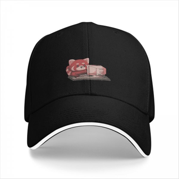 Black baseball cap with cute red panda using retro computer graphic